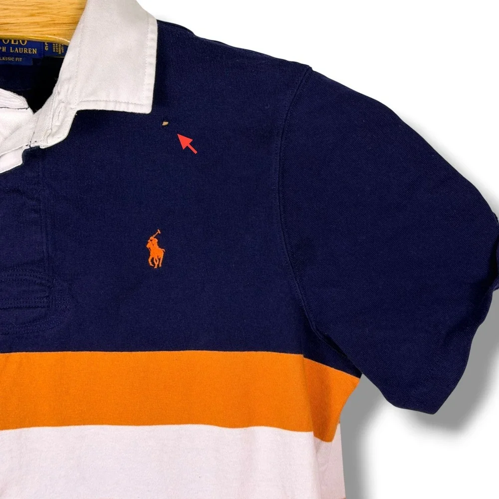 Polo Ralph Lauren Rugby Shirt Mens L Navy Blue Orange Stripe Pony Classic Fit